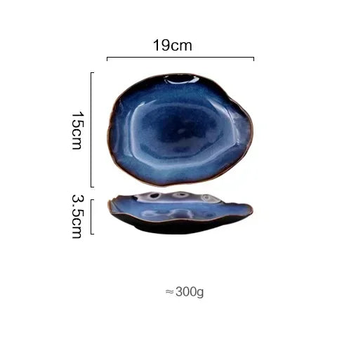 Ceramic Plates Deep Blue Irregular Flat Plate Pottery Dish Household Decoration Tableware Dinnerware Tray Hotel Kitchen Supplies
