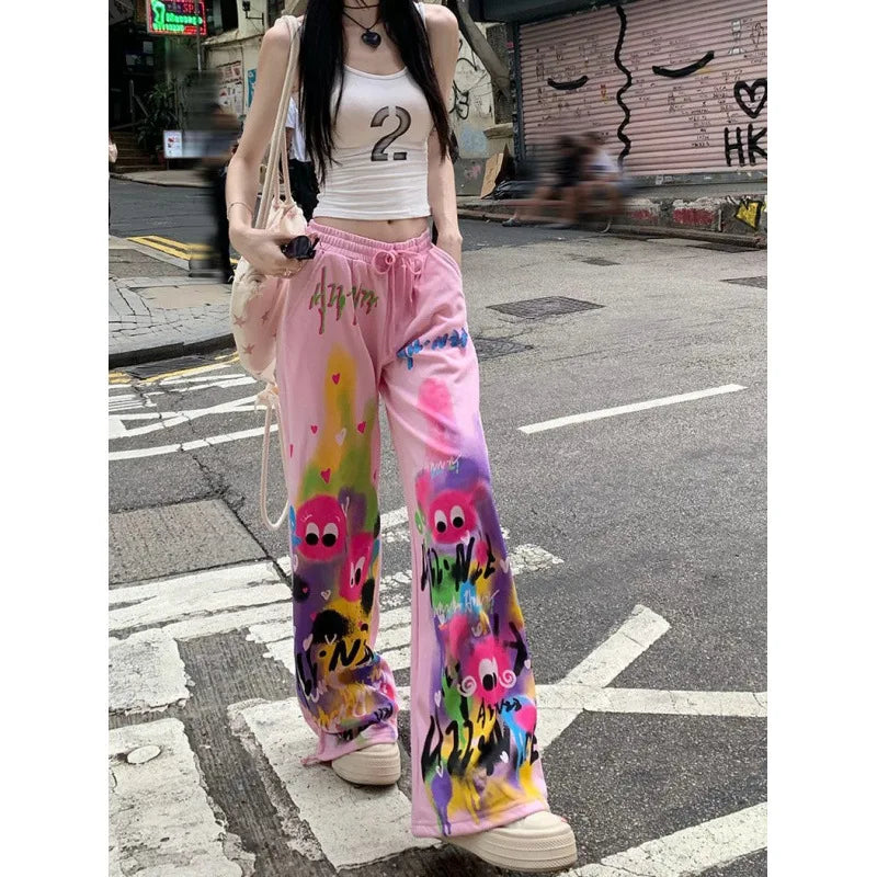 Pink Wide Leg Pants High Waist Loose Graffiti Casual Long Trousers Sweatpants Women's Walking Pants Comfortable Street Style