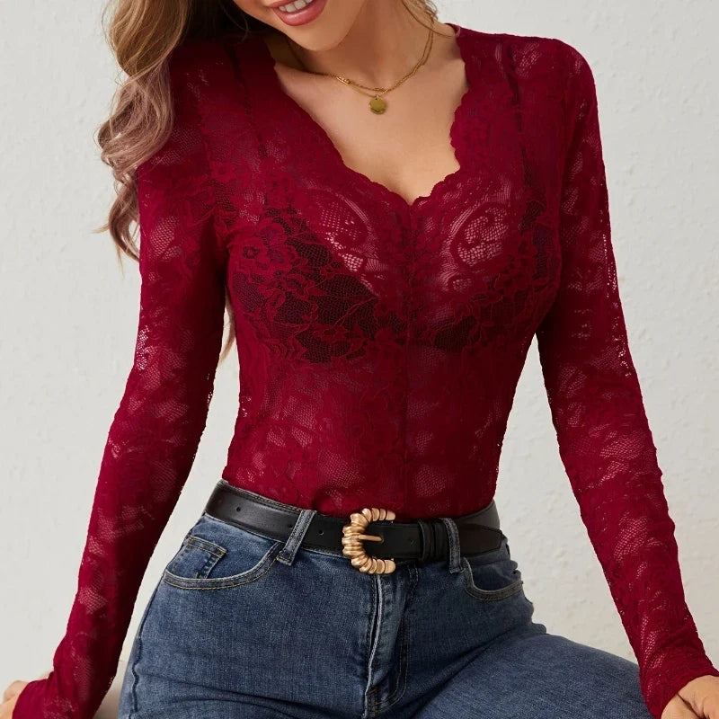 Women Sexy Base Layer Shirt Solid Black Sheer Lace Top Slim Flower Scallop Trim V Neck Long Sleeve T-shirt Trendy Tight Lace Top