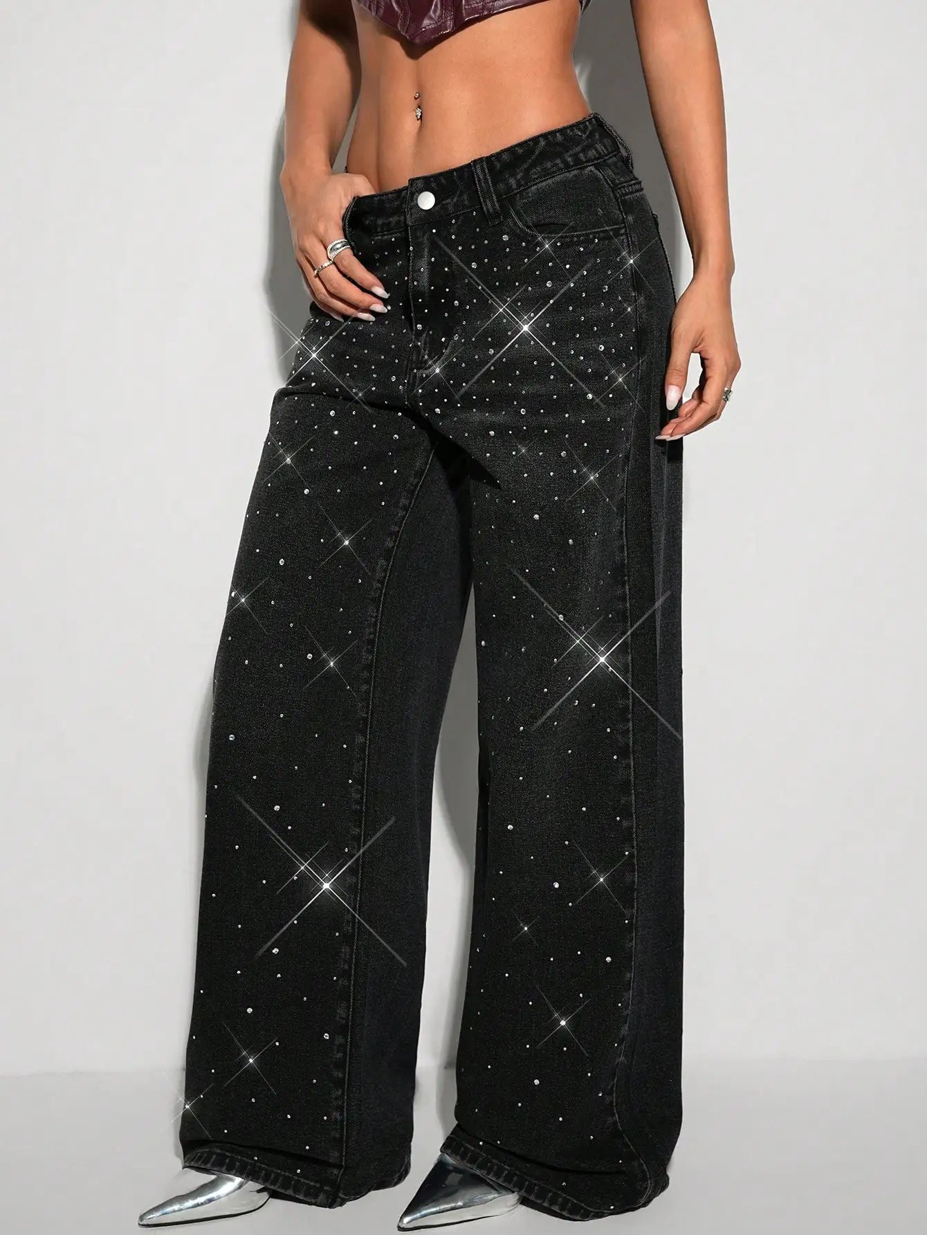 Women's Black Rhinestone Embellished Wide Leg Jeans - Y2K Sparkle Party Pants