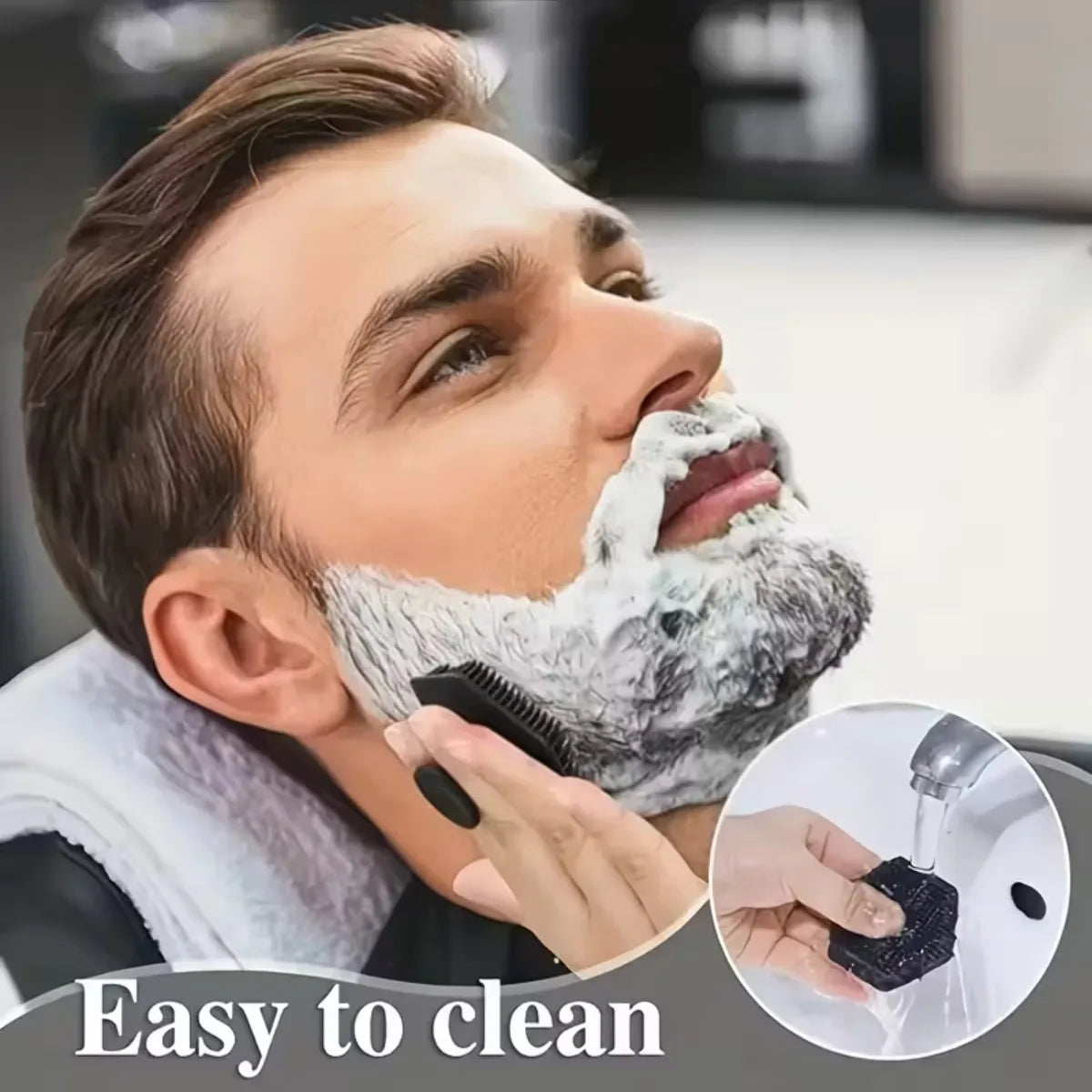 Man getting a beard shave with a close-up of a cleaning tool, labeled 'Easy to clean'.