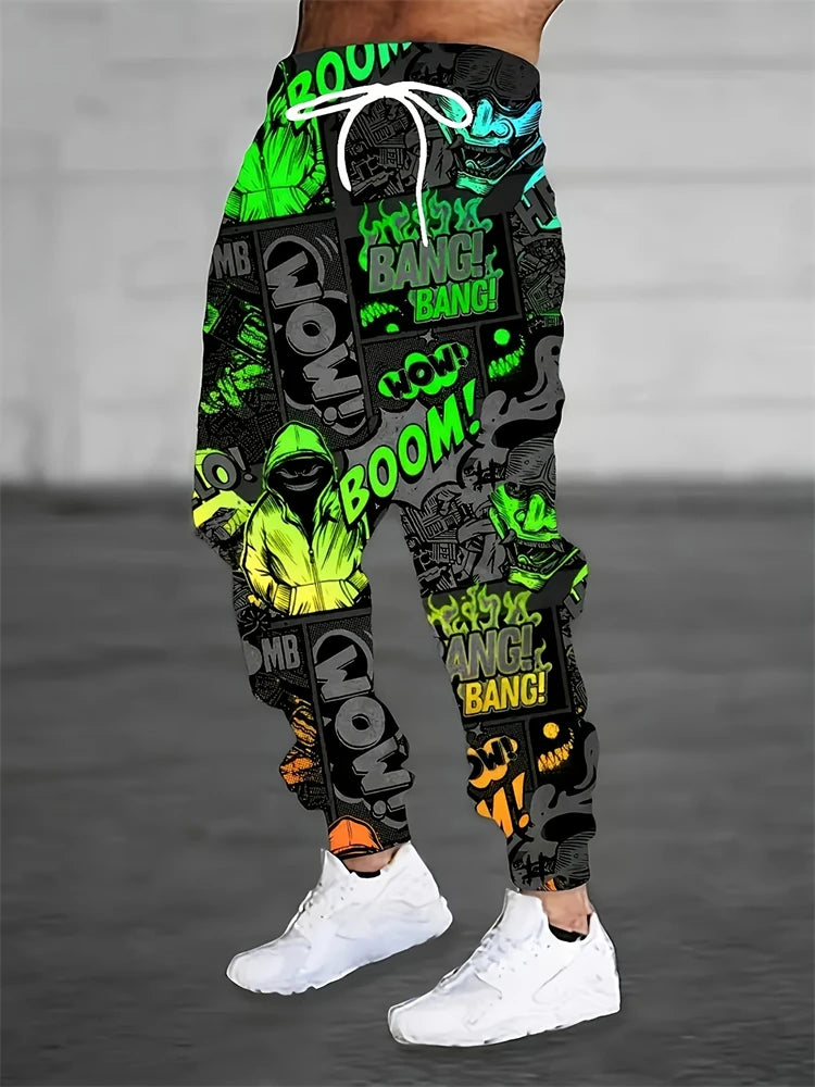 Men's Casual Pants Fashion 3D Colorful Graffiti Print Outdoor Trend Drawstring Pants Large Size Men's Hip Hop Pants