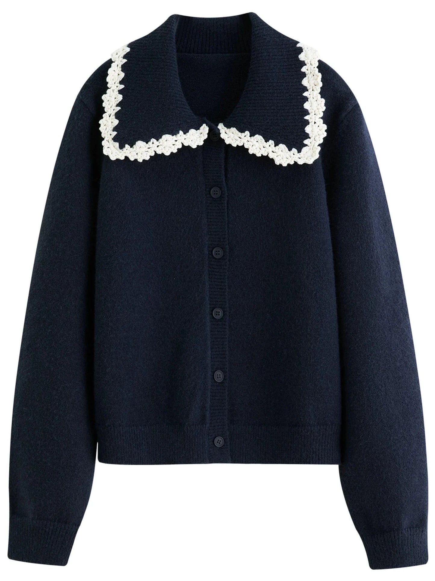 Floral Embroidered Cardigan Sweet Lace Trim Knit