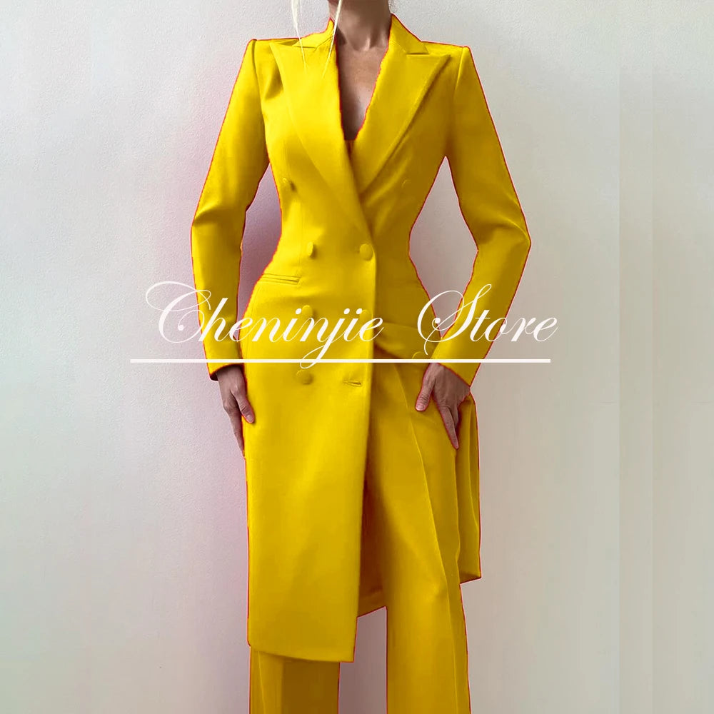 Customized Elegant Slim Fit Women's Suits 2 Piece Blazer Double Breasted Peak Lapel Long Jacket Pants Sets Fashion Clothing 2025