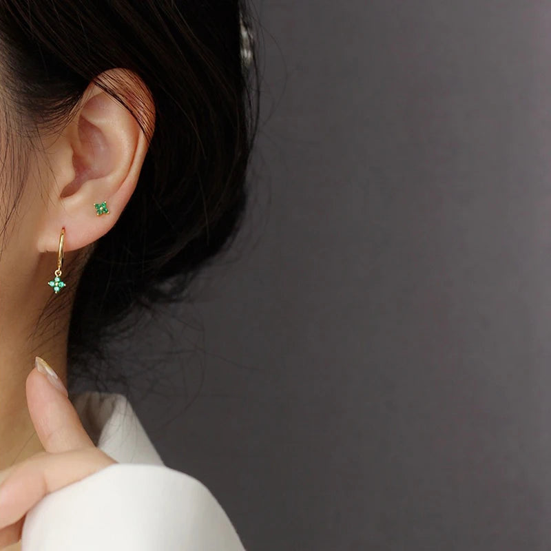 925 Sterling Silver Ear Needle Green Zircon Stud Earrings for Women Luxury Long Chain Geometric Gold Earrings Fashion Jewelry