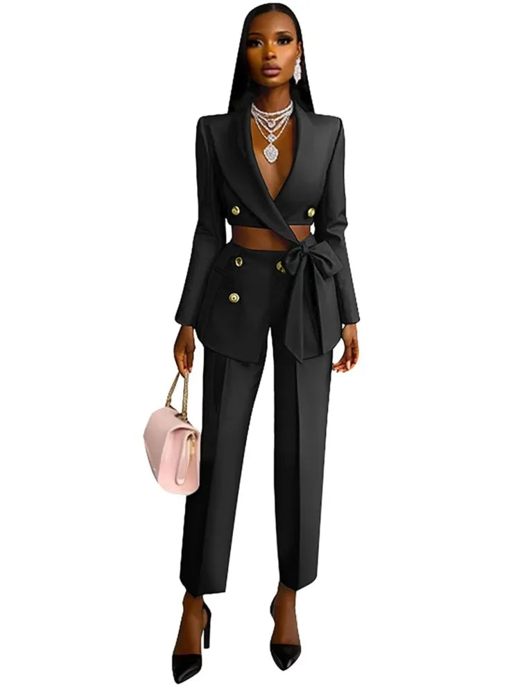 Sexy Waist Exposed Ultra Short Blazer Top Women's Pants 2 Piece Set Spring Fashion Cross Strap Tops Slim Suit Office Pants Suit