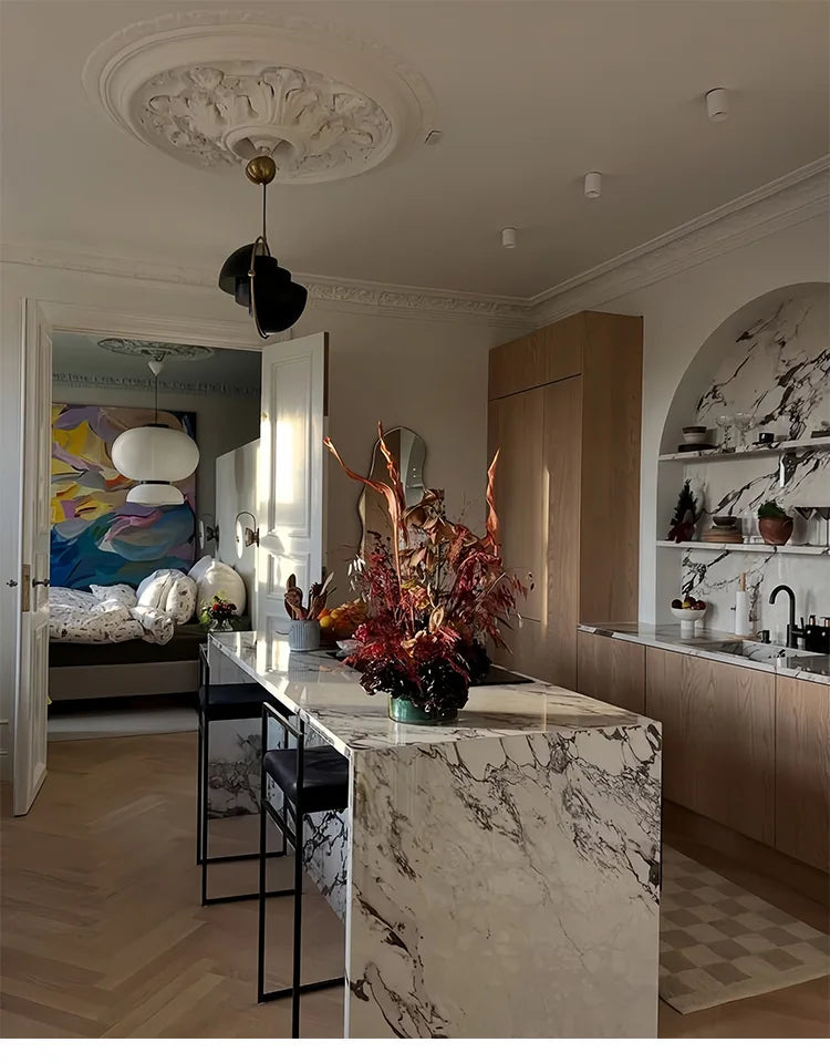 Italian Minimalist Luxury Marble Kitchen Island Dining Table - , Natural Stone Countertop for Open-Concept Kitchen & Modern Home