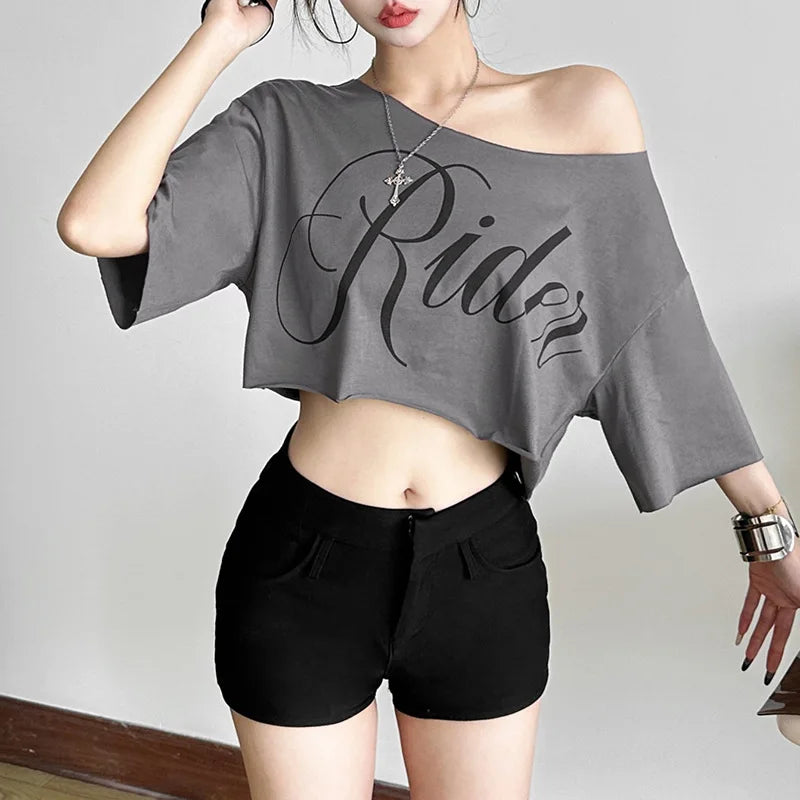 Letter Print Oversized Tees Women Skew Collar Off Shoulders Short Sleeves T-shirt Irregular Hem Hip-hop Style Trend Crop Tops