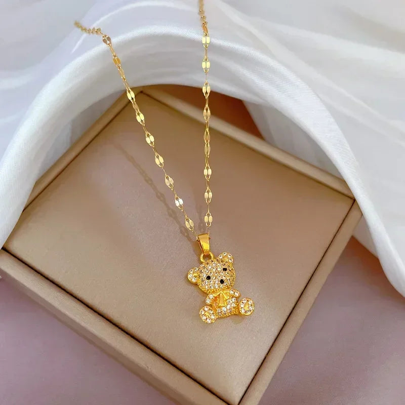 Gold Color Stainless Steel Chain Cute Shiny Zircon Bear Pendant Necklaces for Women Girls Lovely Luxury Jewelry Accessories Gift