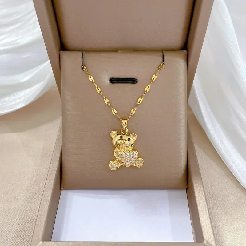 Gold Color Stainless Steel Chain Cute Shiny Zircon Bear Pendant Necklaces for Women Girls Lovely Luxury Jewelry Accessories Gift