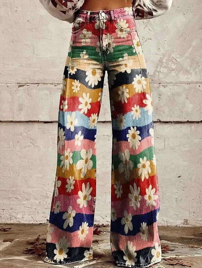 Retro Vintage Boho 1970s Pants Wide Legged Pants Hippie Disco High Waist Floral Faux Jeans Style Women's Festival Retro Pants