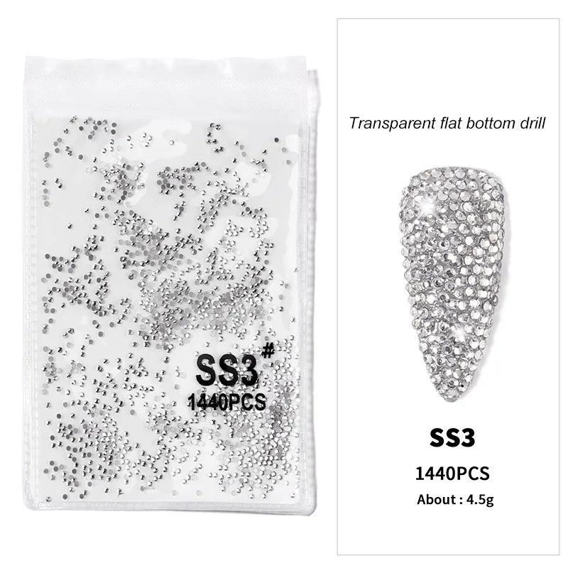 1440pcs Nail FlatBack Crystal Rhinestone Clear/AB Glass Strass (SS3-SS20)3D Nail Gem Stones Non-HotFix Nail Rhinestone 1.3-4.8mm