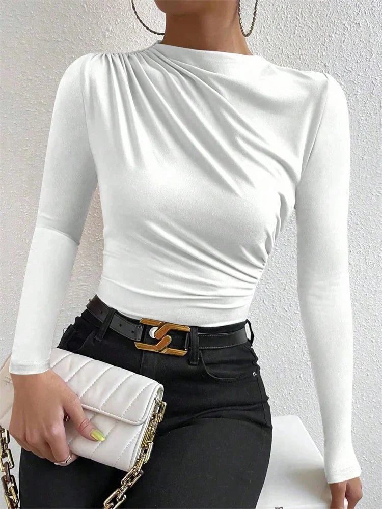 Casual Pleated Mock Neck Long Sleeve T-shirt for Women Autumn Winter Spring Solid Color Ruched Skinny Slim Fit Blouse Top Tshirt