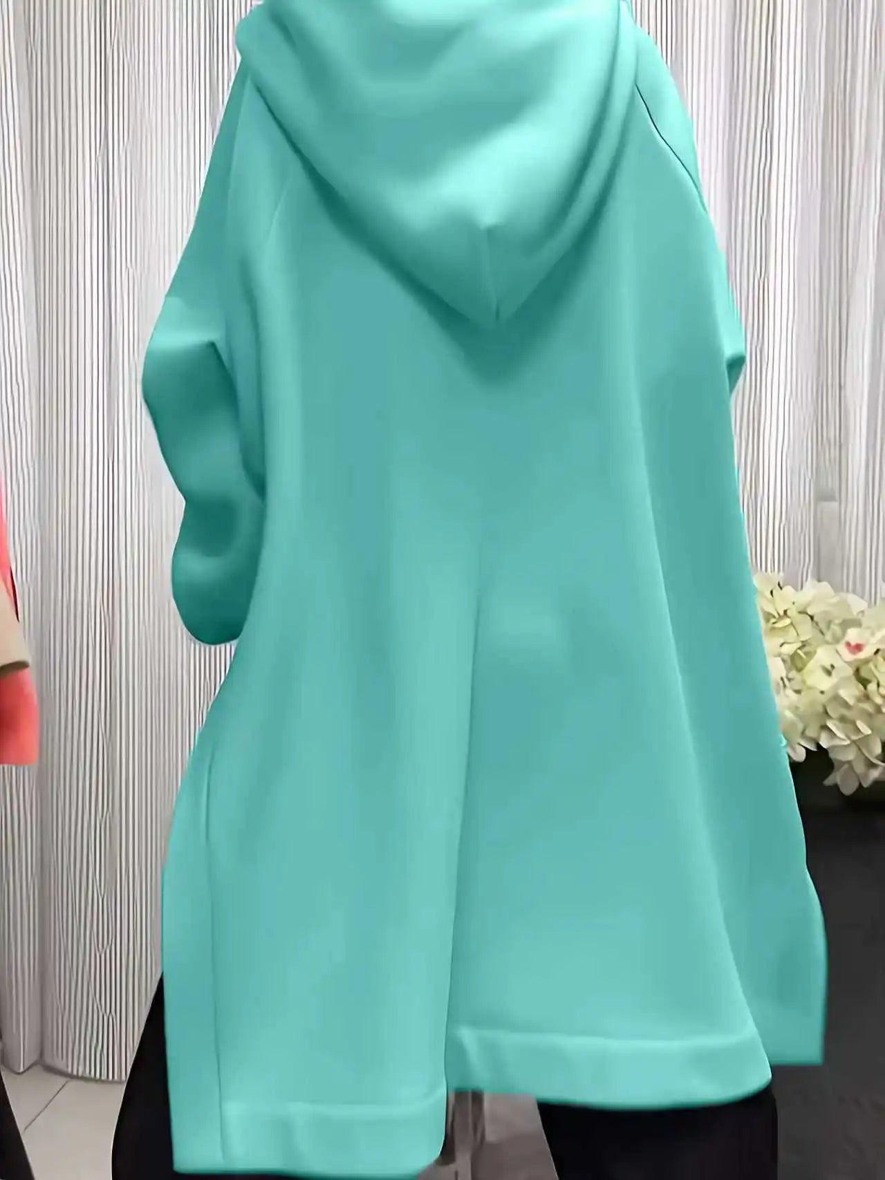 Plus size long sleeve solid color side slit mid-length women's casual pullover hoodie