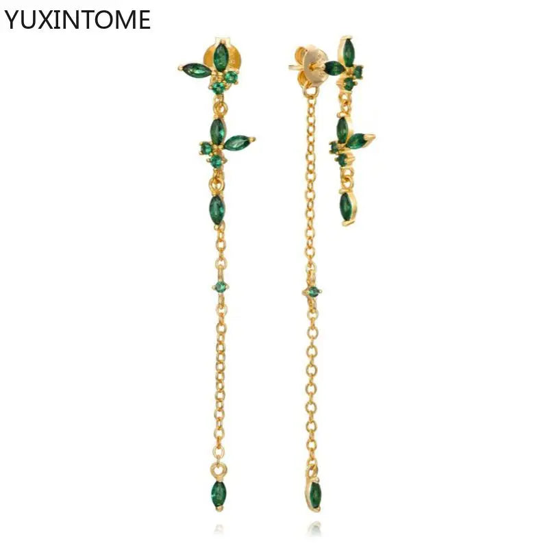 925 Sterling Silver Ear Needle Green Zircon Stud Earrings for Women Luxury Long Chain Geometric Gold Earrings Fashion Jewelry