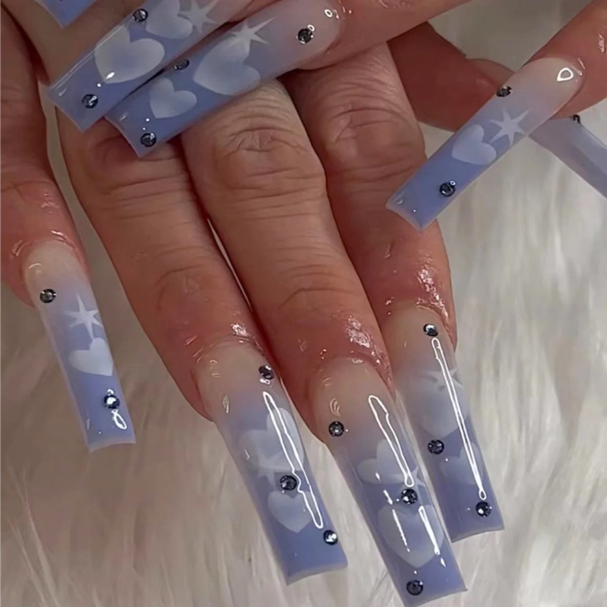 24Pcs Extra Long Square Fake Nail with Glue 3D Little Bear Bow Design False Nails White French Press on Nails Wearable Manicure