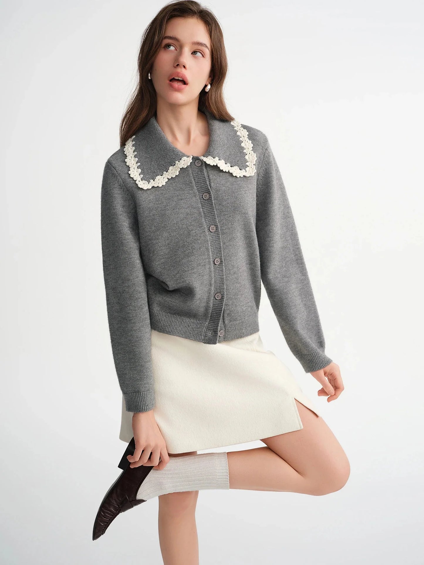 Floral Embroidered Cardigan Sweet Lace Trim Knit