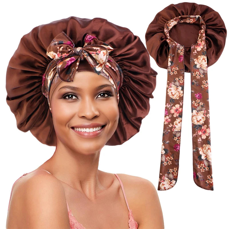 New Silky Bonnet for Sleeping Women Satin Bonnet Night Sleep Cap Large stretch printed ribbon colored nightcap hair care cap