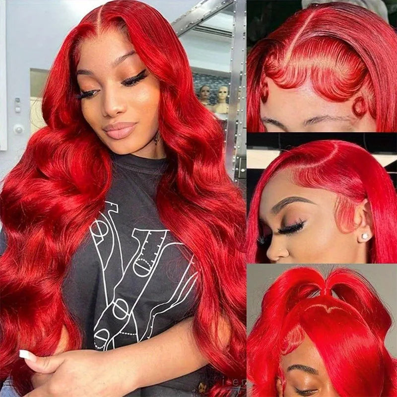 13X4 HD Transparent Lace Wig Red Body Wave Lace Front Wig 220% Density Burgundy Lace Front Wig Pre-plucked Bye Bye Knots Long