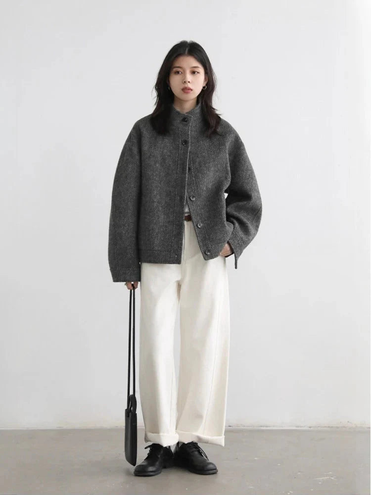 Retro Short Woolen Coat Stand-Up Collar Winter Jacket