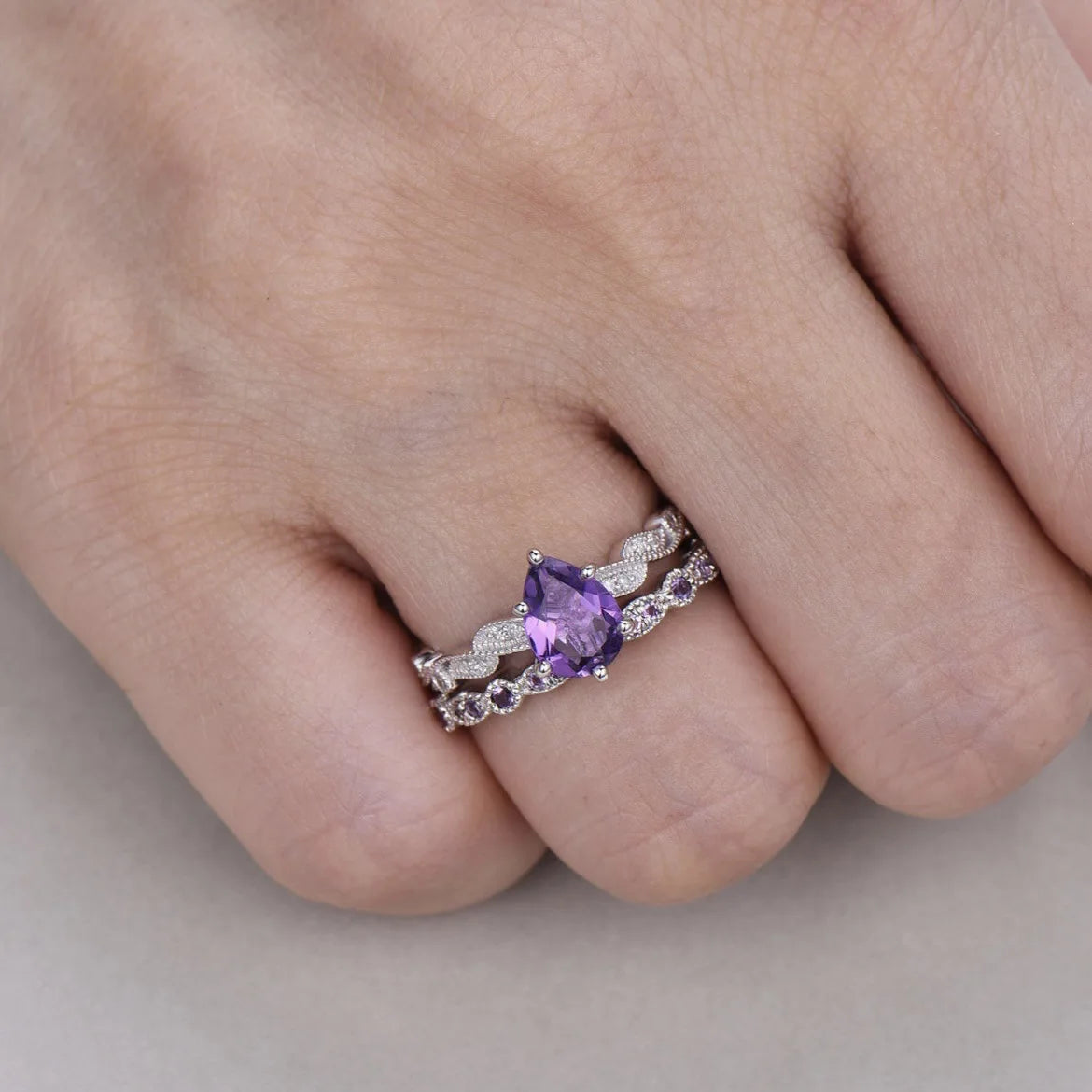 New Silver Plated Rings set For Women Geometric Amethyst Jewelry Wedding Engagement Ring Wholesale Size 6-10