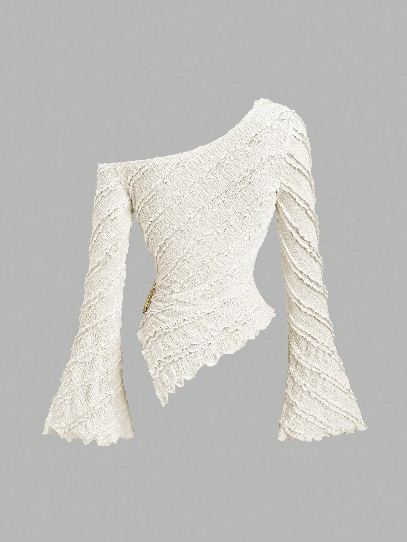 Women's Casual Textured Fabric Asymmetric Hem Flared Sleeves Blouse Commute Side Metal Decor One Shoulder Tops Spring/Fall 2026