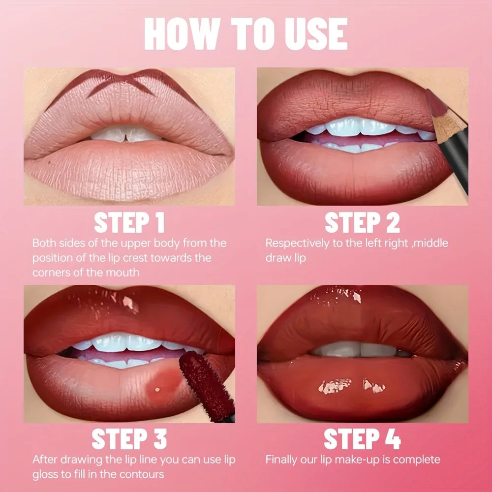 Pudaier Lip Gloss & Lip Liner Set, Hydrating Long Lasting Waterproof Non-Smudge Lip Makeup, Smooth Lip Kit for Women