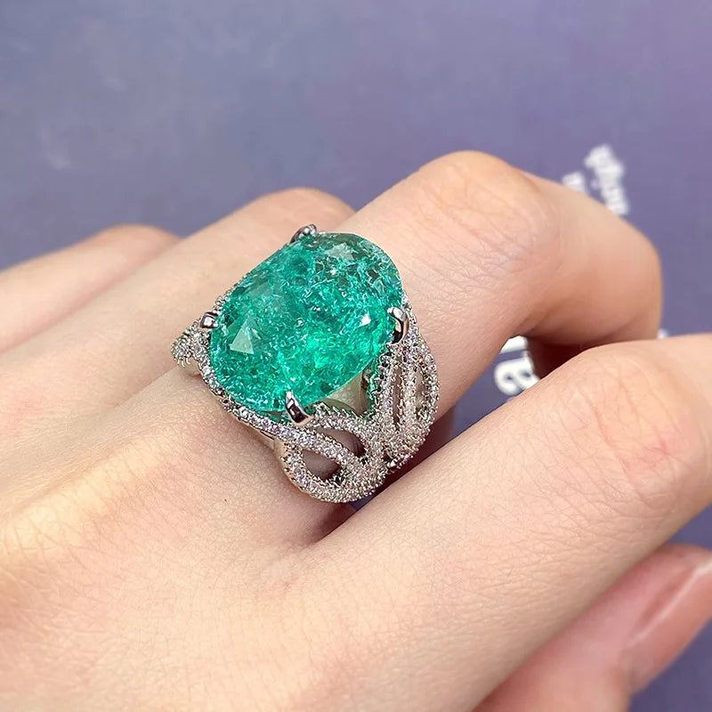 925 Silver Plated Exquisite Blue Green Moissanite Ring Fire Sparkling Luxury Open Ring Female Party Birthday Jewelry Gift