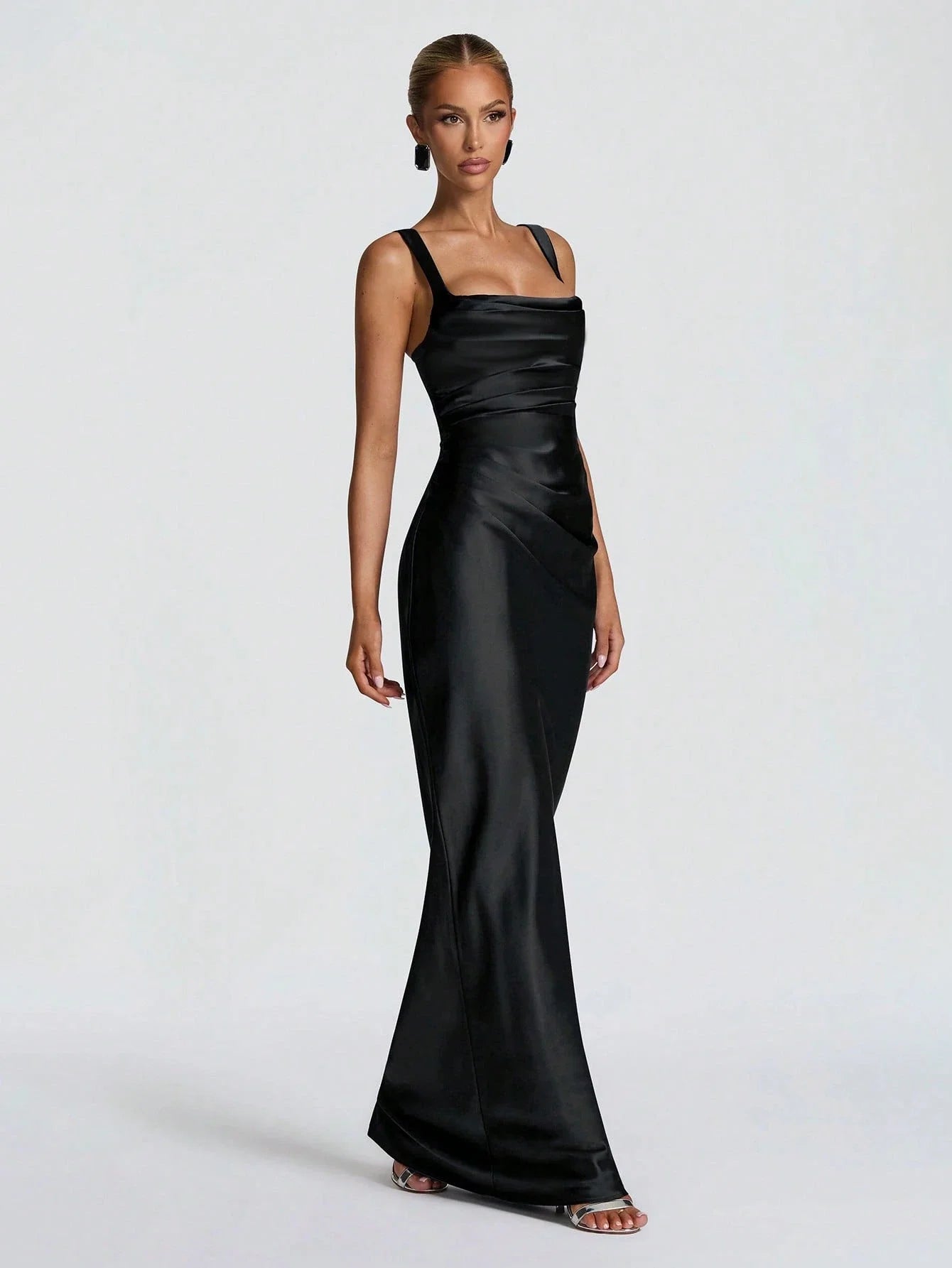 Black Satin Floor-Length Slip Dress With Ruched Waist And Sheer Gloves For Evening Gala Or Wedding Event
