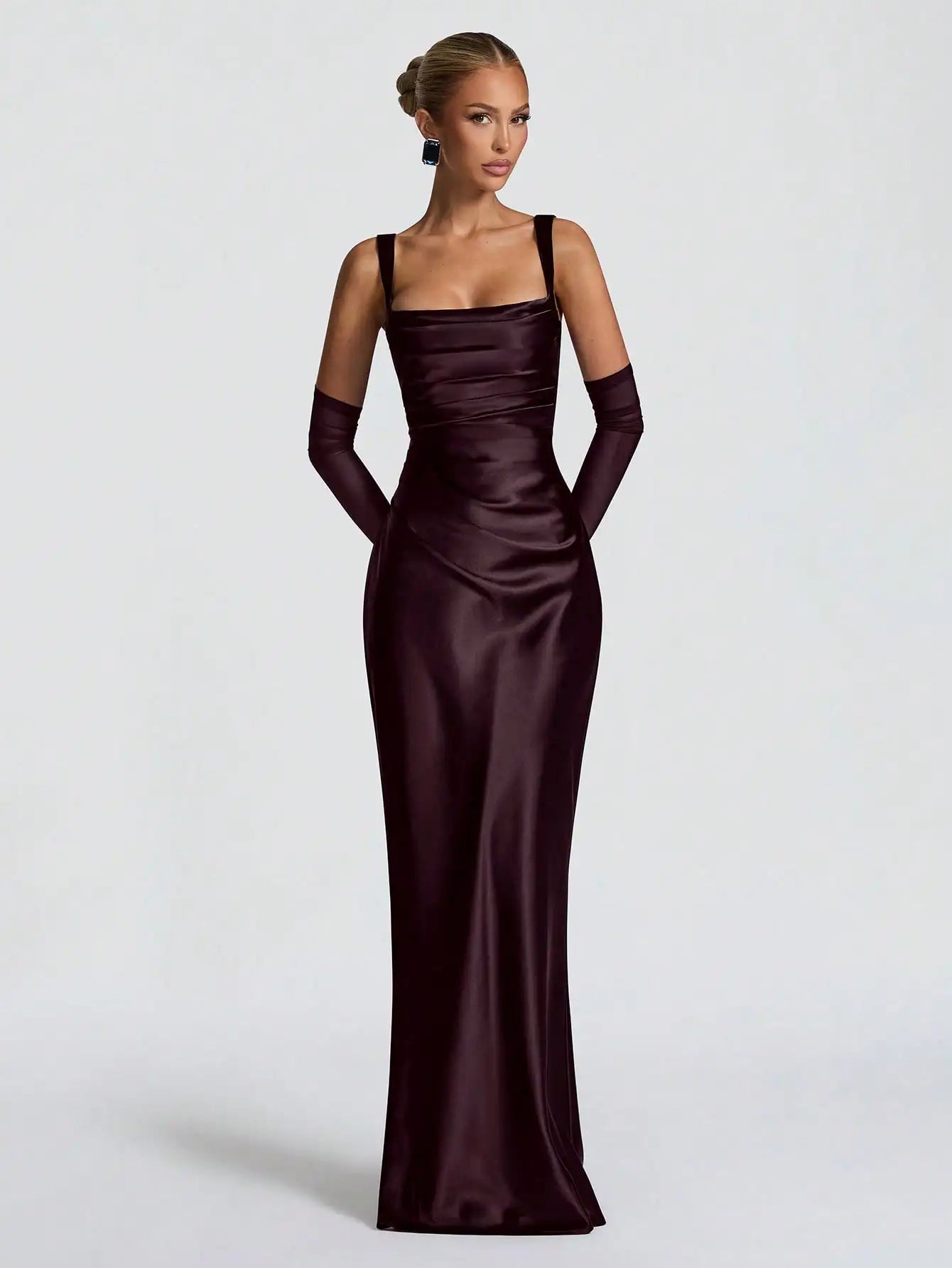 Black Satin Floor-Length Slip Dress With Ruched Waist And Sheer Gloves For Evening Gala Or Wedding Event