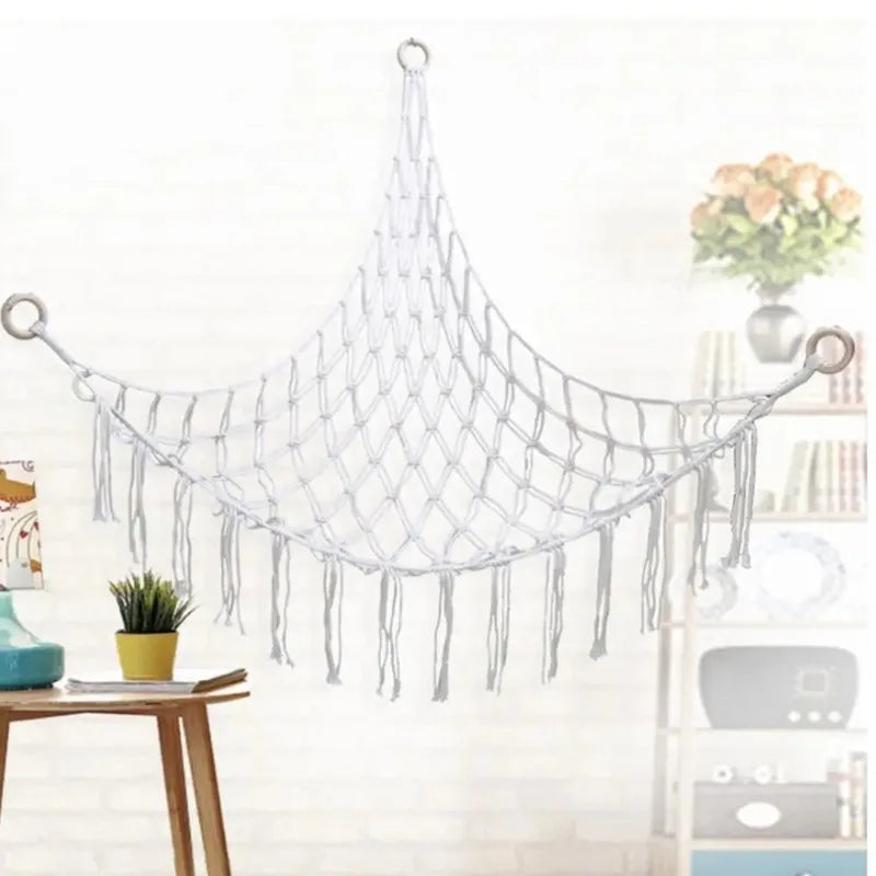 1PC-white plush toy hammock net, bohemian weave, plush toy storage rack, space saving, large capacity, corner hanging net