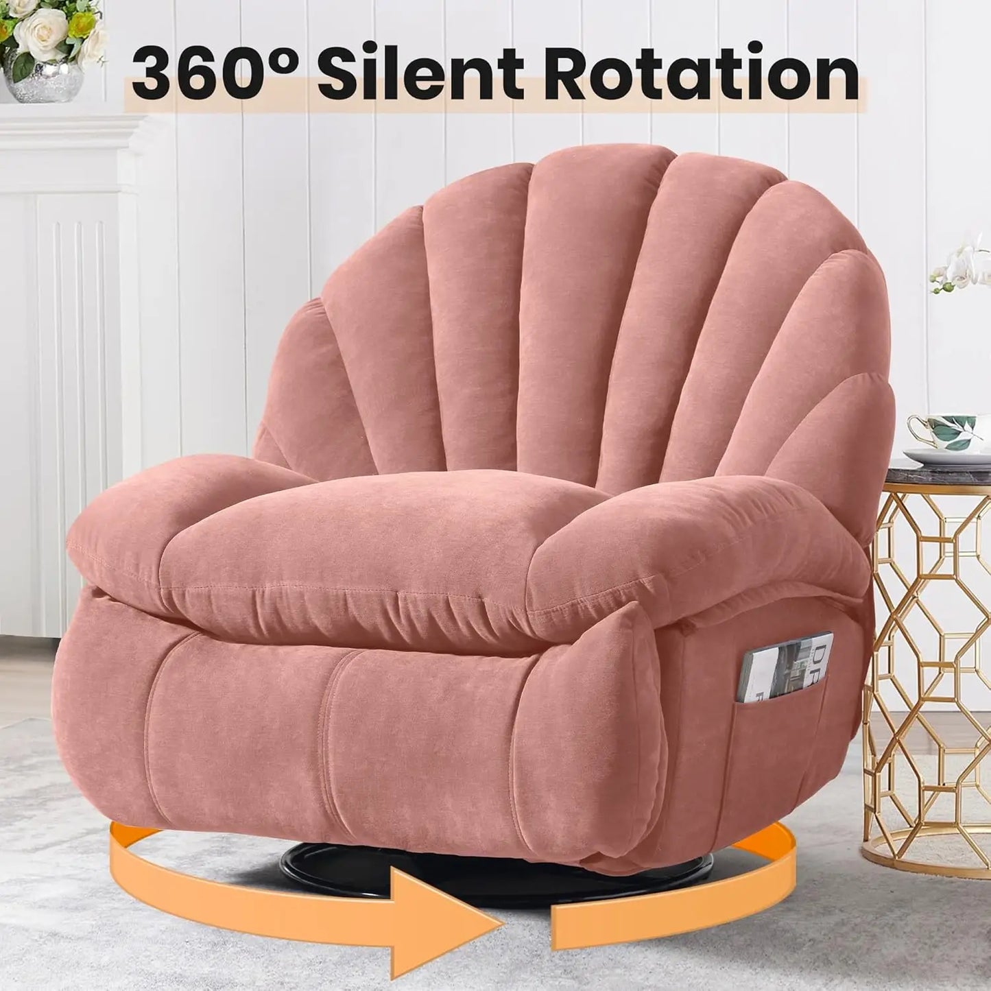 Shell Swivel Rocker Recliner Chair 360 Manual Big Tall Sofa Storage Pocket Living Bedroom Small Pink, Customized