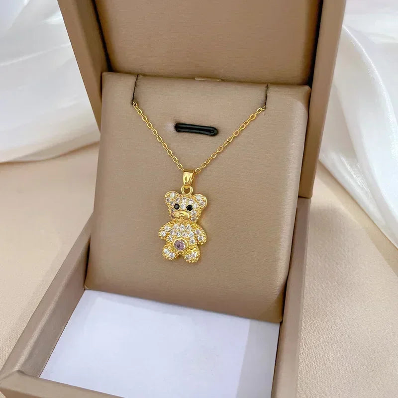 Gold Color Stainless Steel Chain Cute Shiny Zircon Bear Pendant Necklaces for Women Girls Lovely Luxury Jewelry Accessories Gift