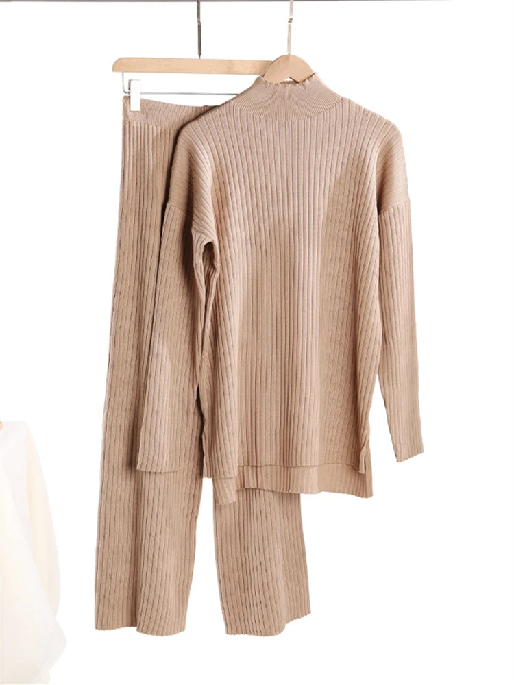 Winter 2 Pieces Women Sets Knitted Tracksuit Turtleneck Sweater and Straight Jogging Pants Suits