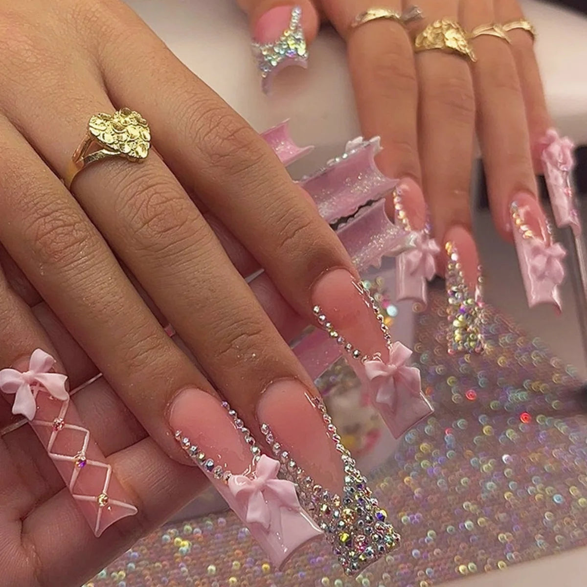 24Pcs Extra Long Square Fake Nail with Glue 3D Little Bear Bow Design False Nails White French Press on Nails Wearable Manicure
