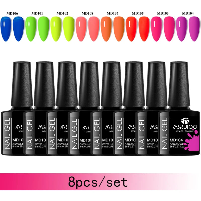 MSRUIOO 8pc Gel Nail Polish Kits Summer Colorful Semi Permanent UV LED Gel Polish Set Glitter Nail Art Varnish Design Manicure