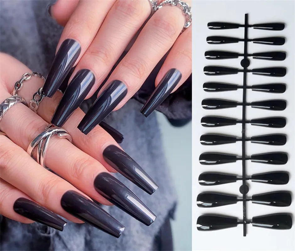 Black Halloween Nails Press on Stiletto Fake Nails Spider Web Designs Long Coffin Ballerina Wearable False Nail for Women 24Pcs