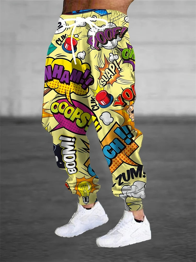 Men's Casual Pants Fashion 3D Colorful Graffiti Print Outdoor Trend Drawstring Pants Large Size Men's Hip Hop Pants
