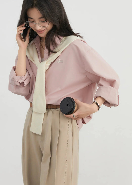 Loose Cotton Blue Shirt Casual Long-Sleeved Blouse