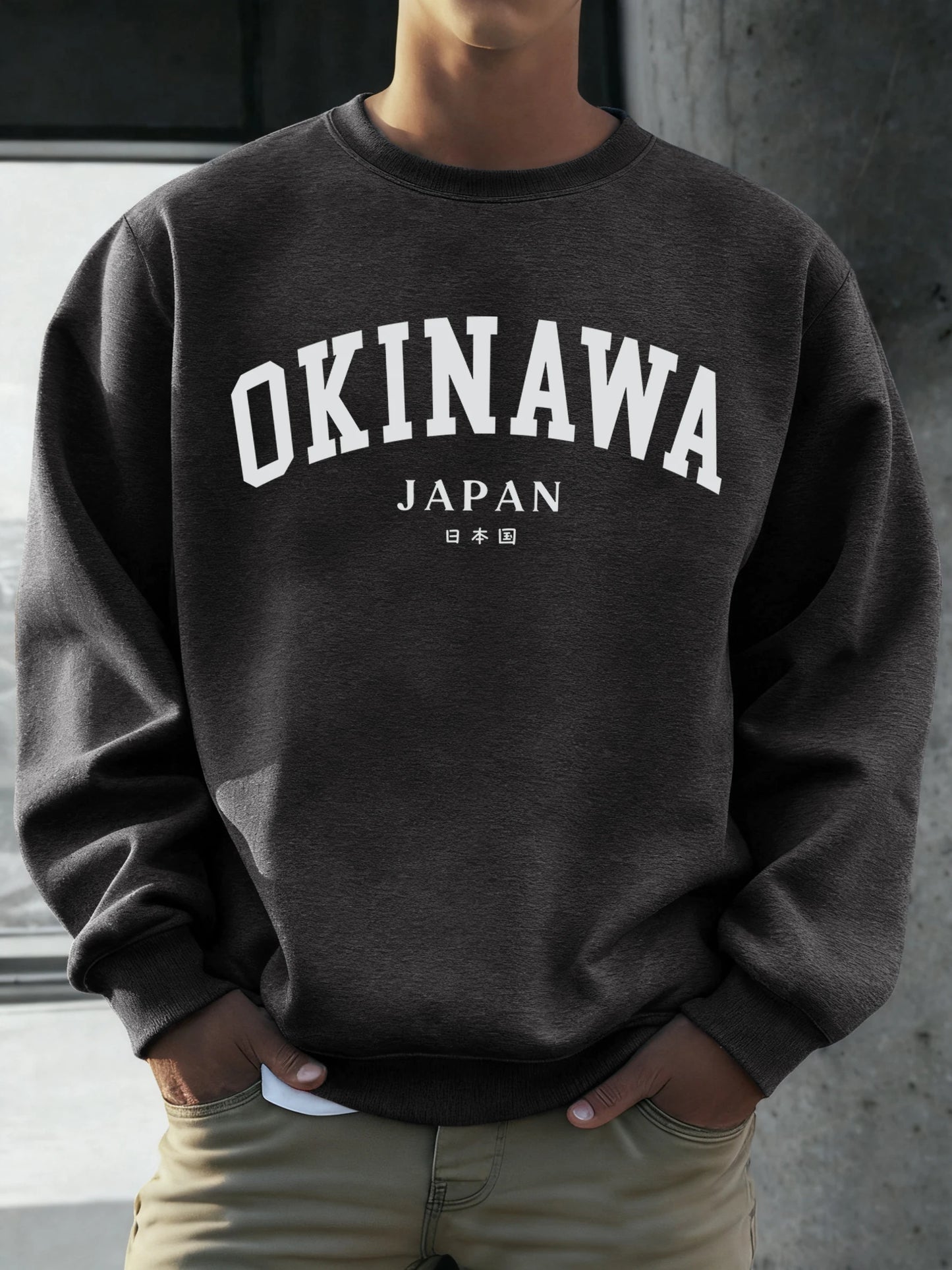 Okinawa Japan Letter Printed Male Sweatshirt Hip Hop Simple Long Sleeve Fleece Trendy Pullovers Unisex Loose All-Match Clothes
