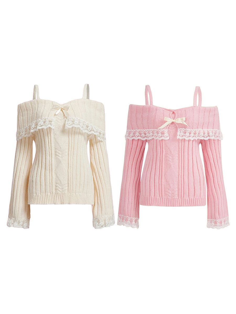 Women Long Sleeve Contrast Lace Knit Pullovers Autumn Winter Cold Shoulder Sweaters Bow Front Jumper Tops Beige/Pink