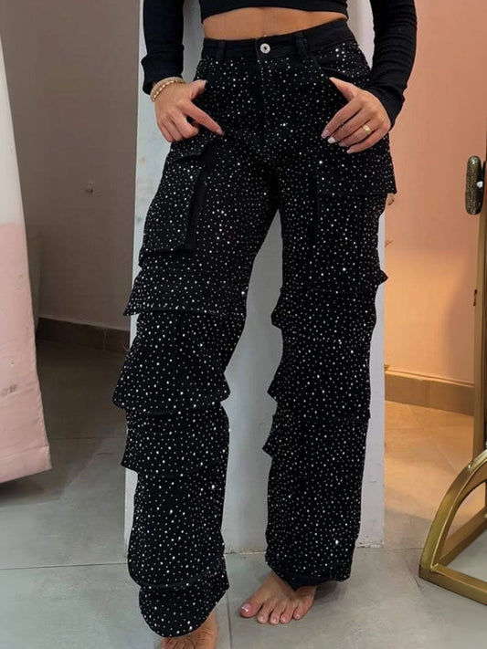 High Waist Black Rhinestone Multi-Pocket Work Jeans, Street Style, High Quality Fashionable Straight Jeans, a Must-Have.
