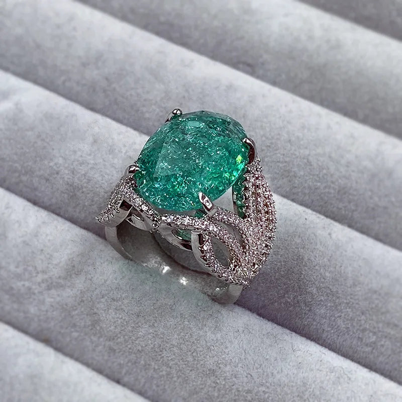 925 Silver Plated Exquisite Blue Green Moissanite Ring Fire Sparkling Luxury Open Ring Female Party Birthday Jewelry Gift