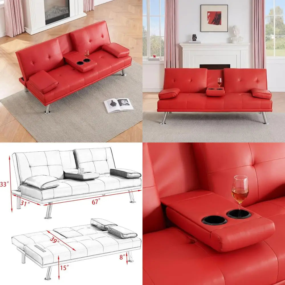 Folding Sofa Bed with Adjustable Angles, Cup Holders, and Recliner Features - Modern Convertible Loveseat Sleeper Couch