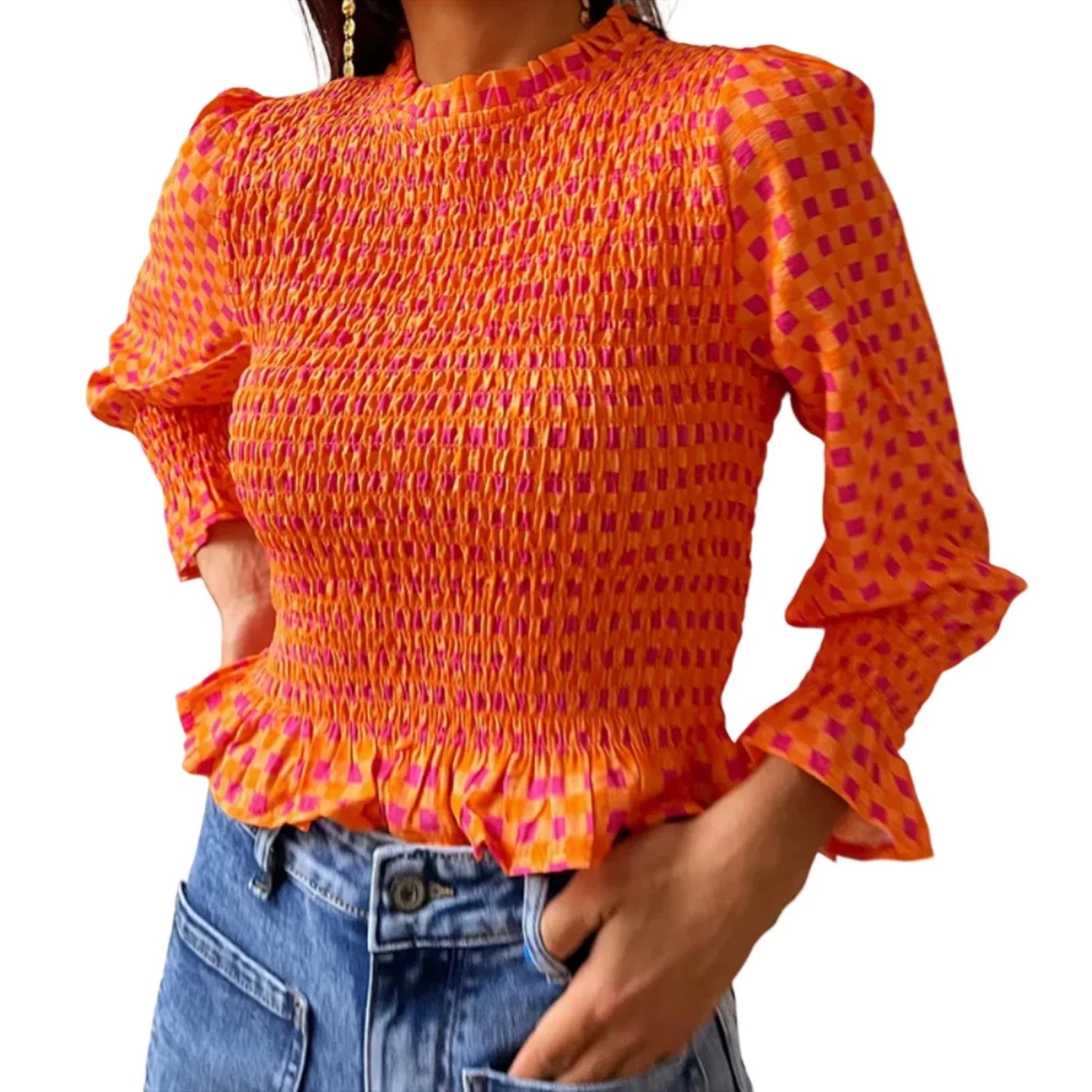 Women Fashionable Casual Round Neck Smocked Bubble 3/4 Sleeve Tops Summer Fall Plaid Print Ruffled T-shirts