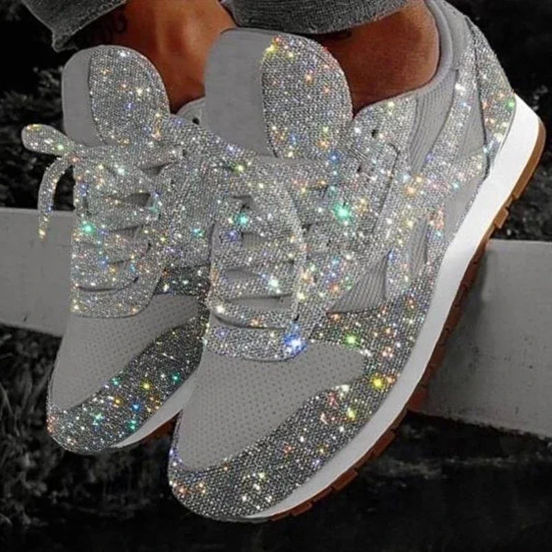 New Women Flat Sneakers Casual Bling Vulcanized Shoes Women Mesh Lace
