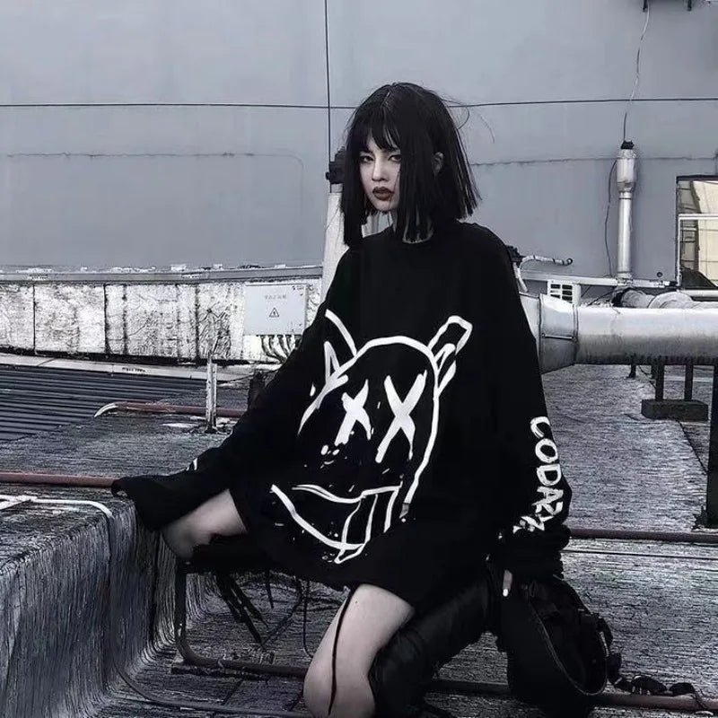 Graffiti Grimace Print Long Sleeve Loose Hoodie
