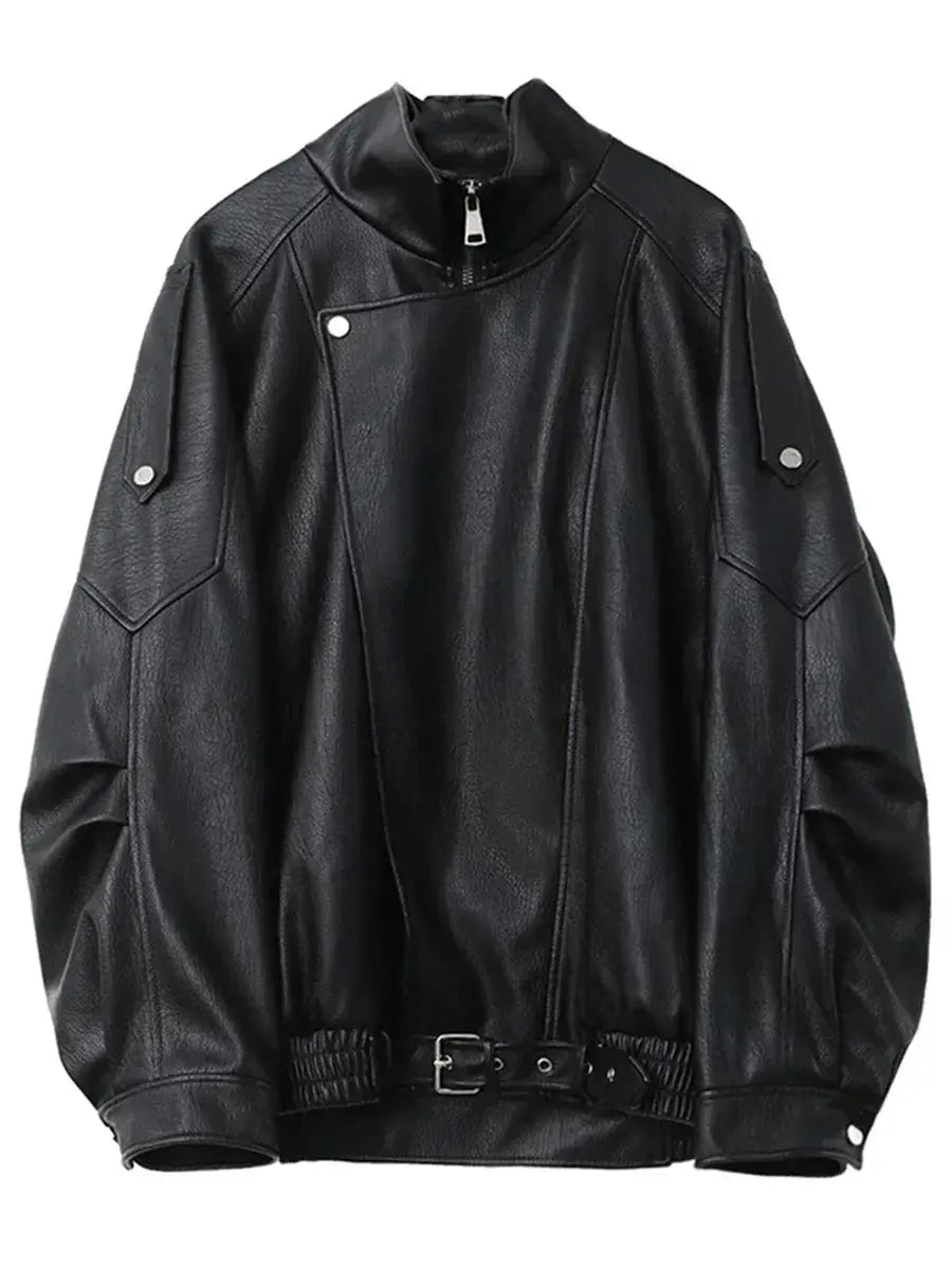Chic Faux Leather Standing Collar Jacket