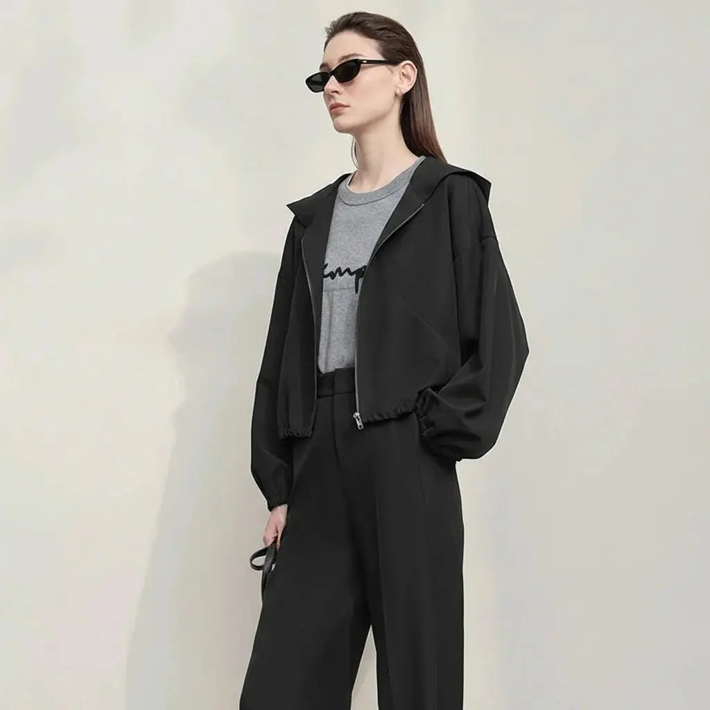 Simple Loose Fit Pleated Hooded Jacket