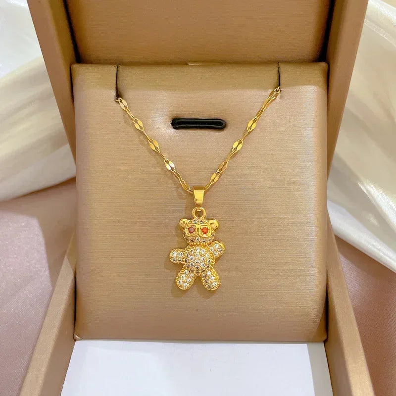 Gold Color Stainless Steel Chain Cute Shiny Zircon Bear Pendant Necklaces for Women Girls Lovely Luxury Jewelry Accessories Gift